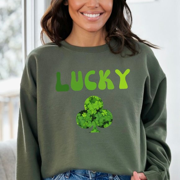 Lucky Sweatshirt Saint Patric's Day College Sweatshirt Military Green Shirt - Picture 7 of 10